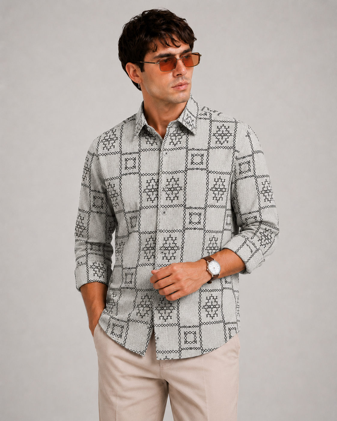Men's Light Grey Geometric Pattern Casual Shirt