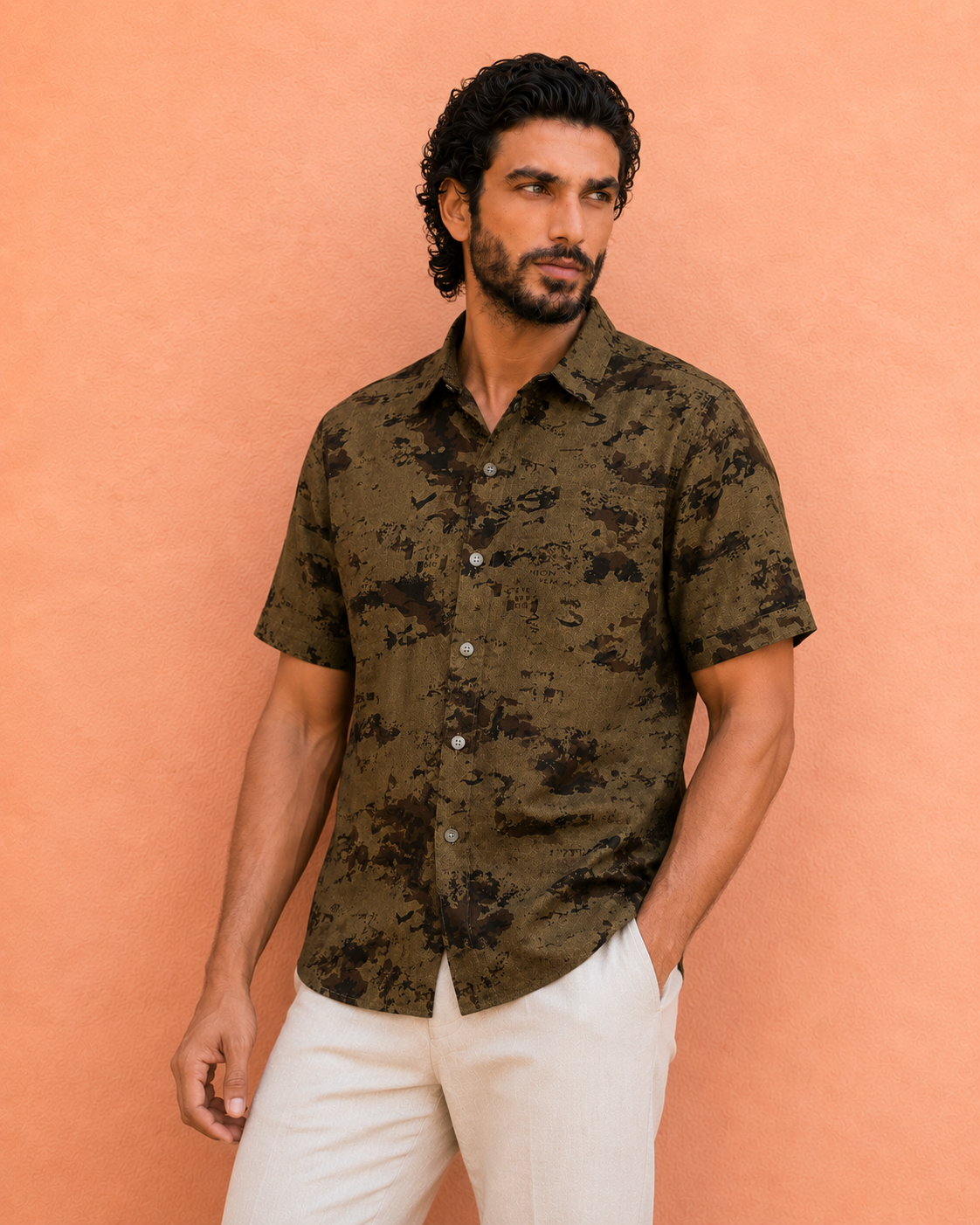 Men's Brown Camo Print Half Sleeve Shirt