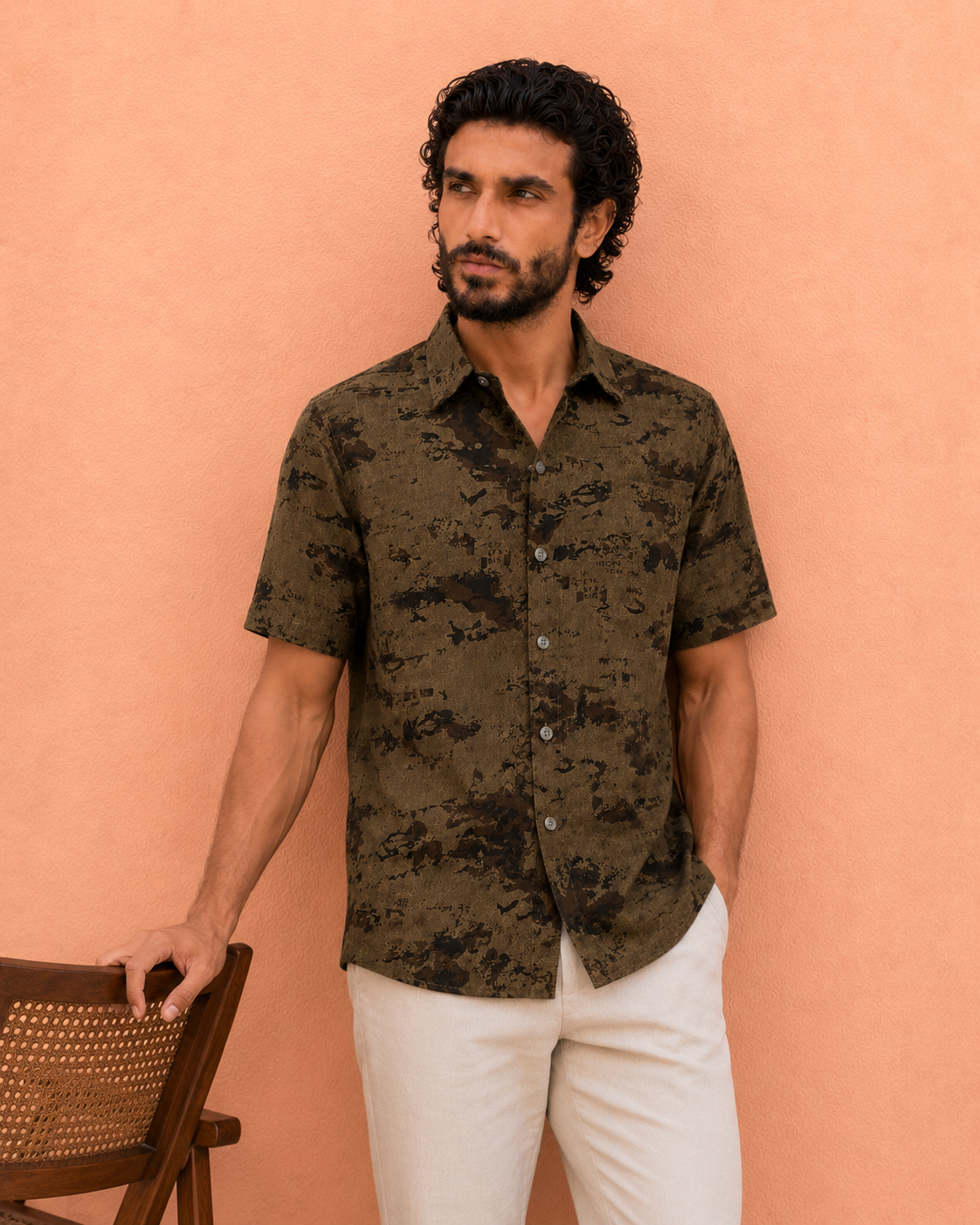 Men's Brown Camo Print Half Sleeve Shirt