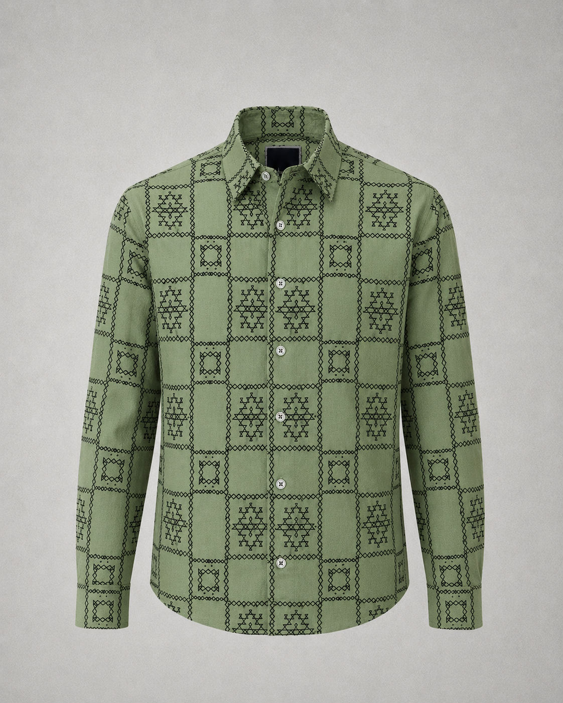 Men's Sage Green Geometric Pattern Casual Shirt