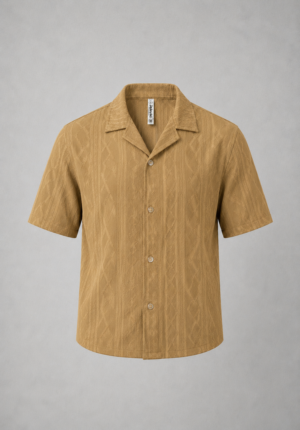 Men's Camel Textured Cuban Collar Shirt