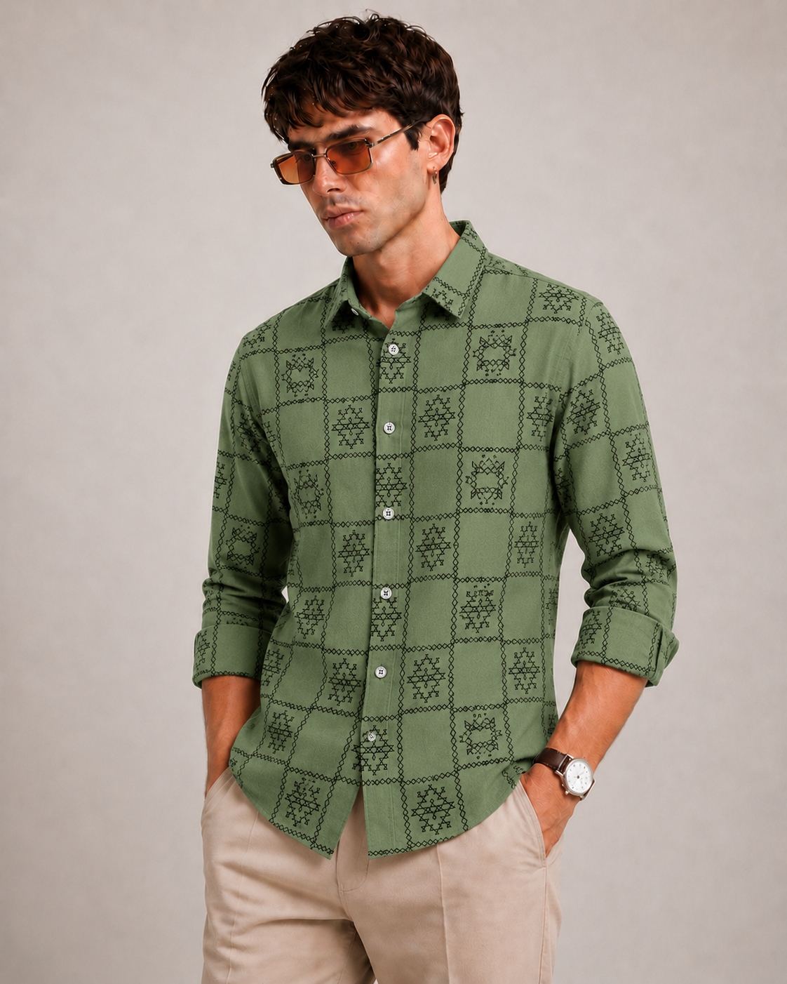 Men's Sage Green Geometric Pattern Casual Shirt