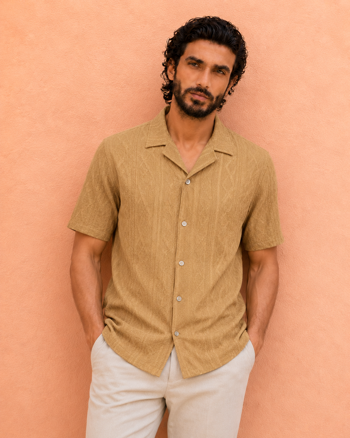 Men's Camel Textured Cuban Collar Shirt