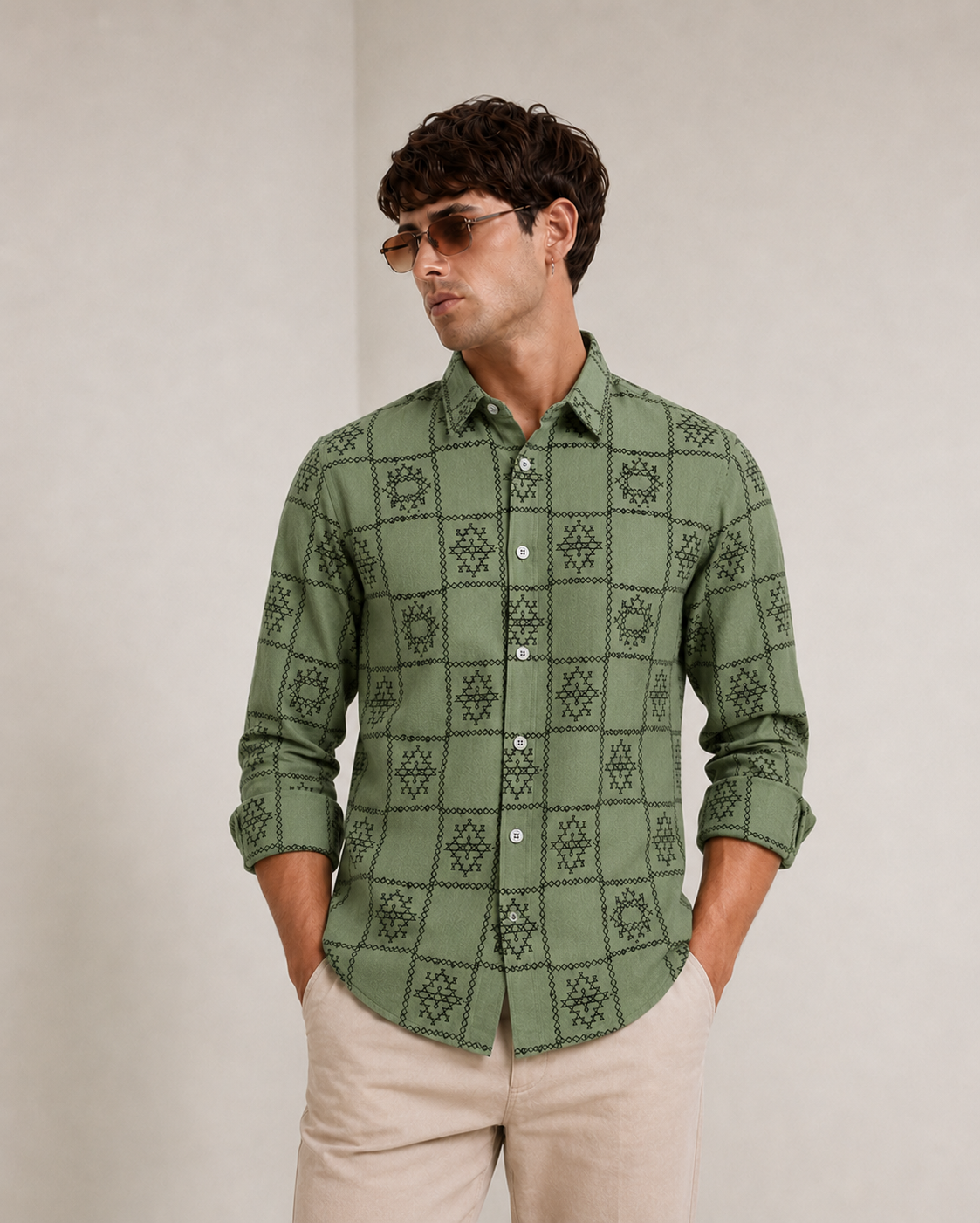 Men's Sage Green Geometric Pattern Casual Shirt