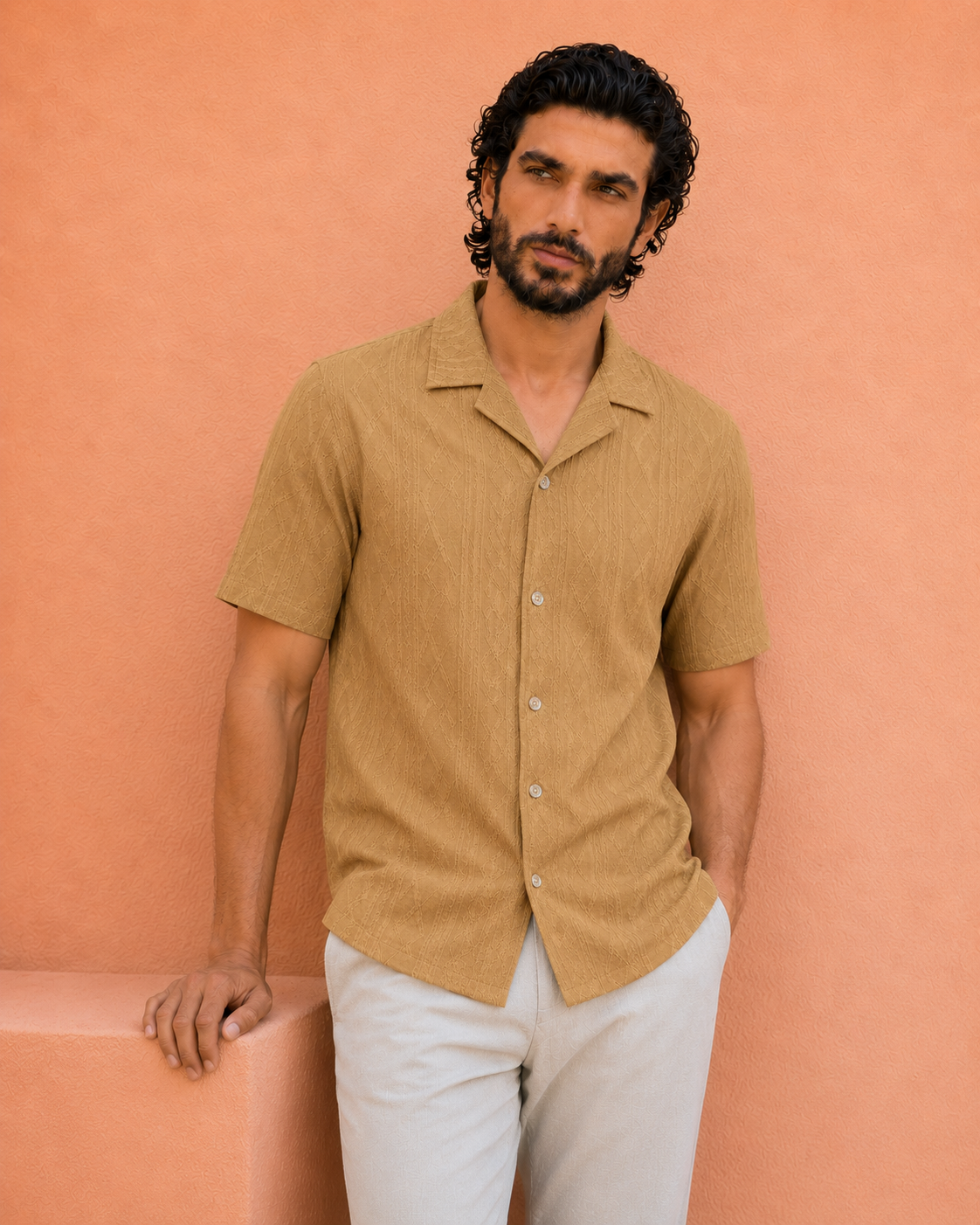 Men's Camel Textured Cuban Collar Shirt