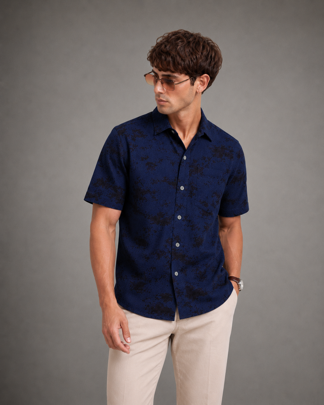 Men's Navy Blue Abstract Print Half Sleeve Shirt