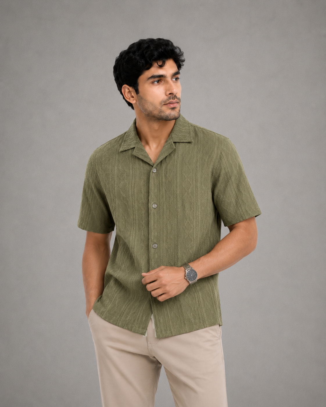 Men's Olive Green Textured Cuban Collar Shirt