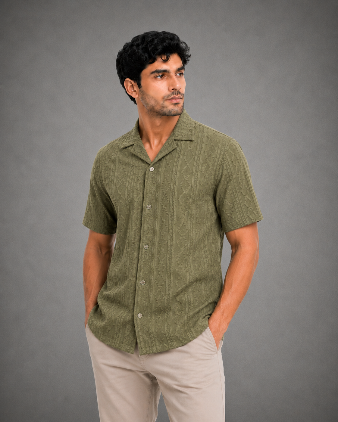 Men's Olive Green Textured Cuban Collar Shirt