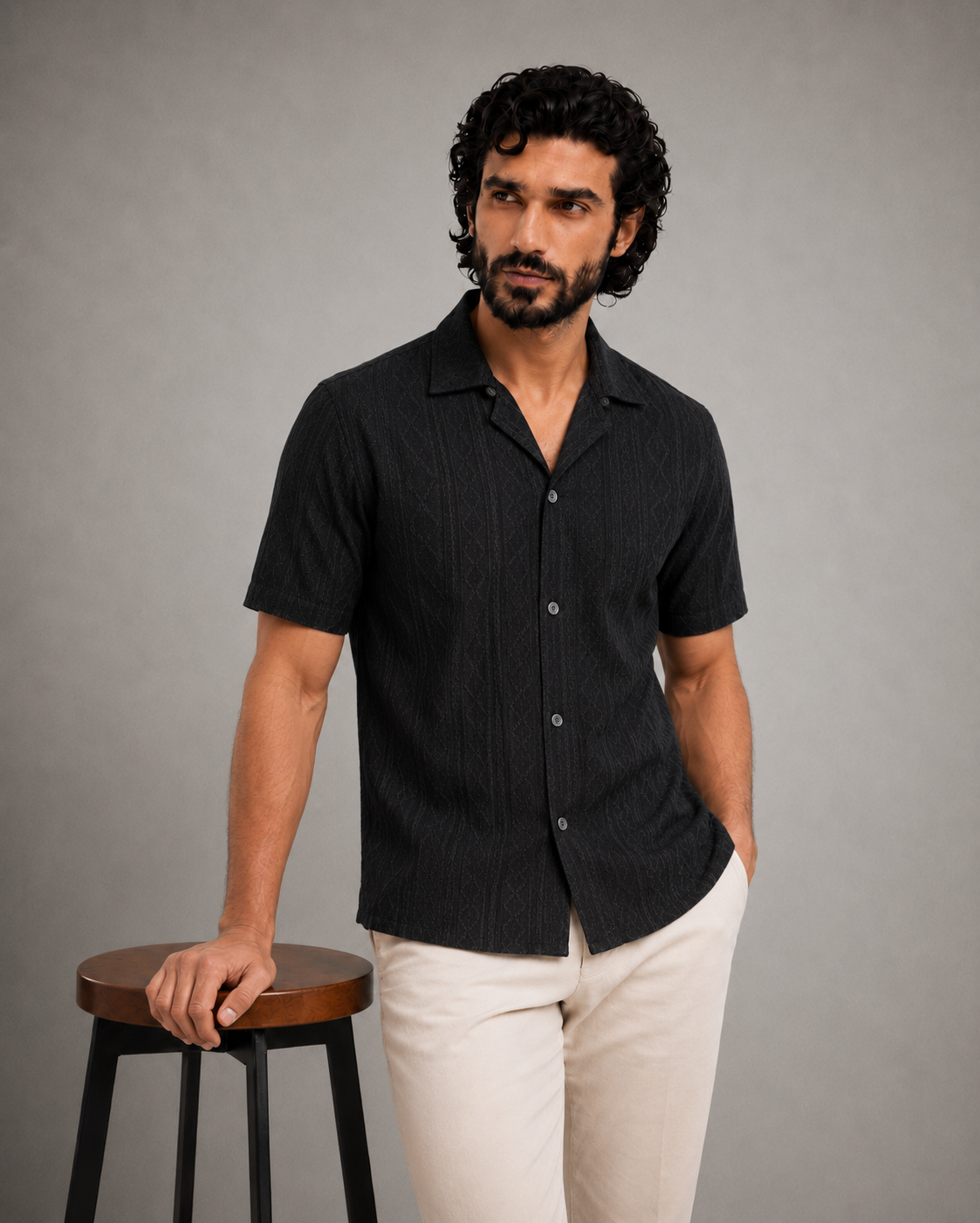 Men's Black Textured Casual Shirt