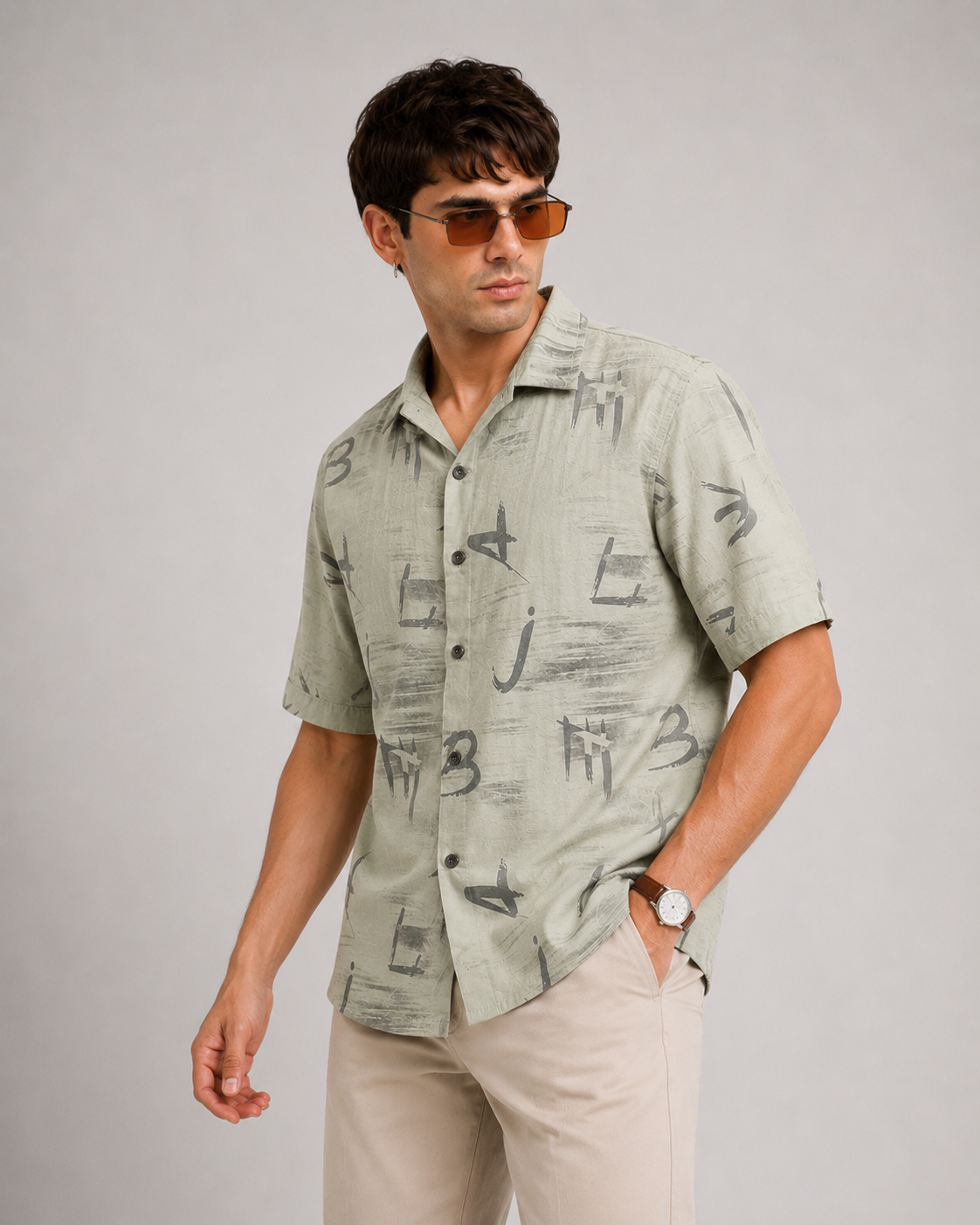 Men's Beige Abstract Print Half Sleeve Relaxed Fit Shirt