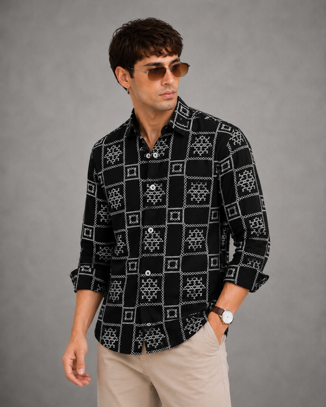 Men's Black Geometric Tribal Print Full Sleeve Casual Shirt