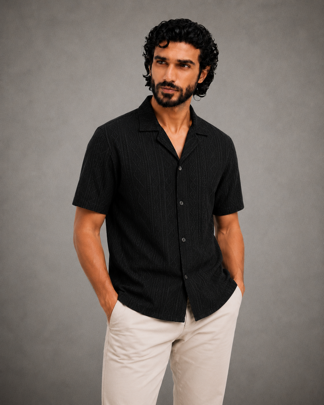 Men's Black Textured Casual Shirt
