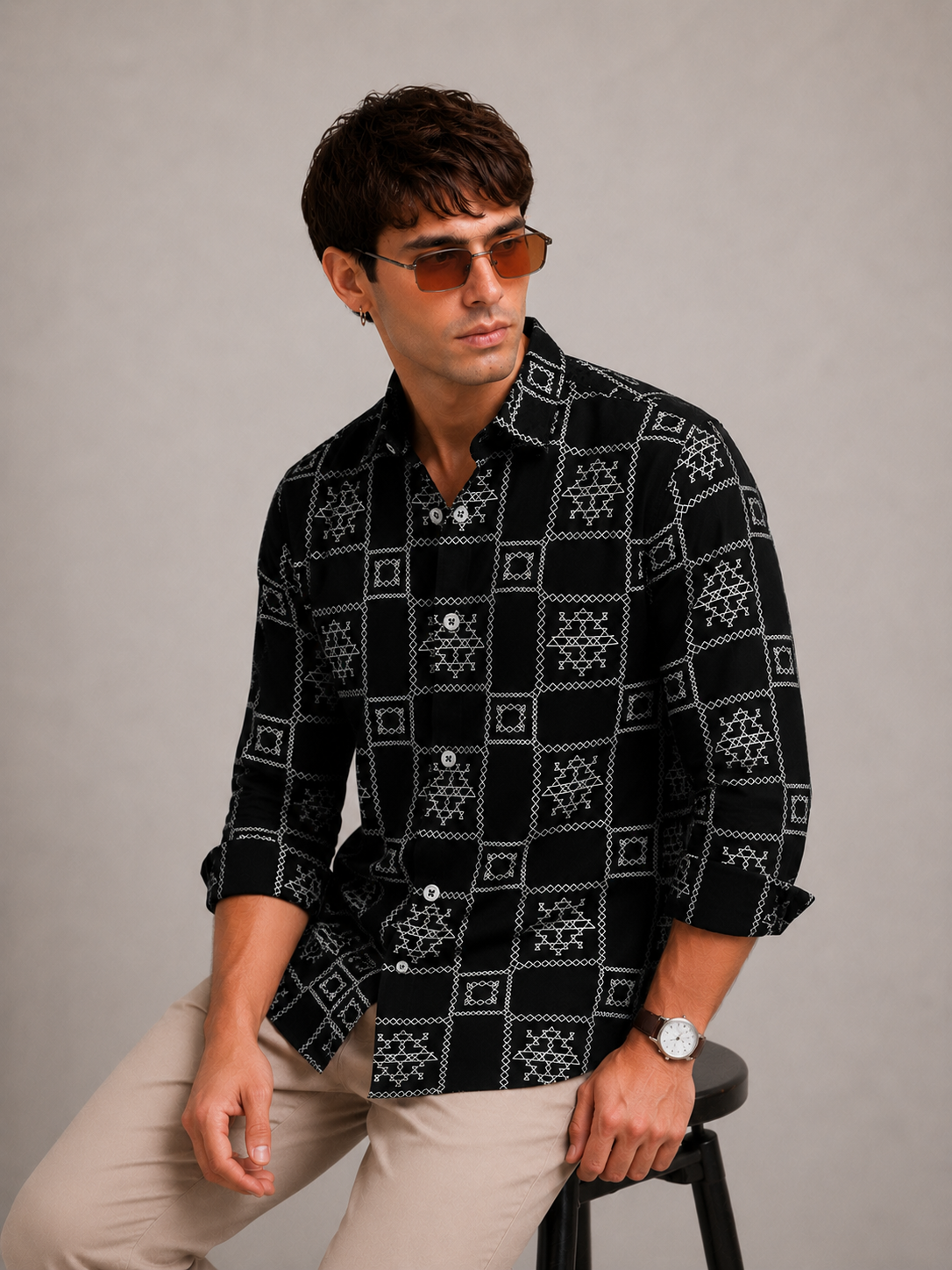 Men's Black Geometric Tribal Print Full Sleeve Casual Shirt