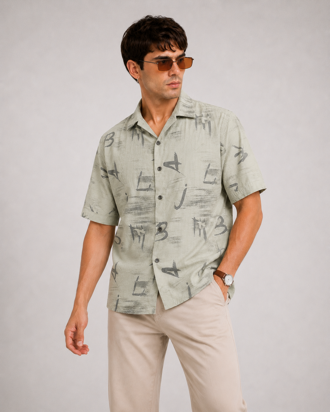 Men's Beige Abstract Print Half Sleeve Relaxed Fit Shirt