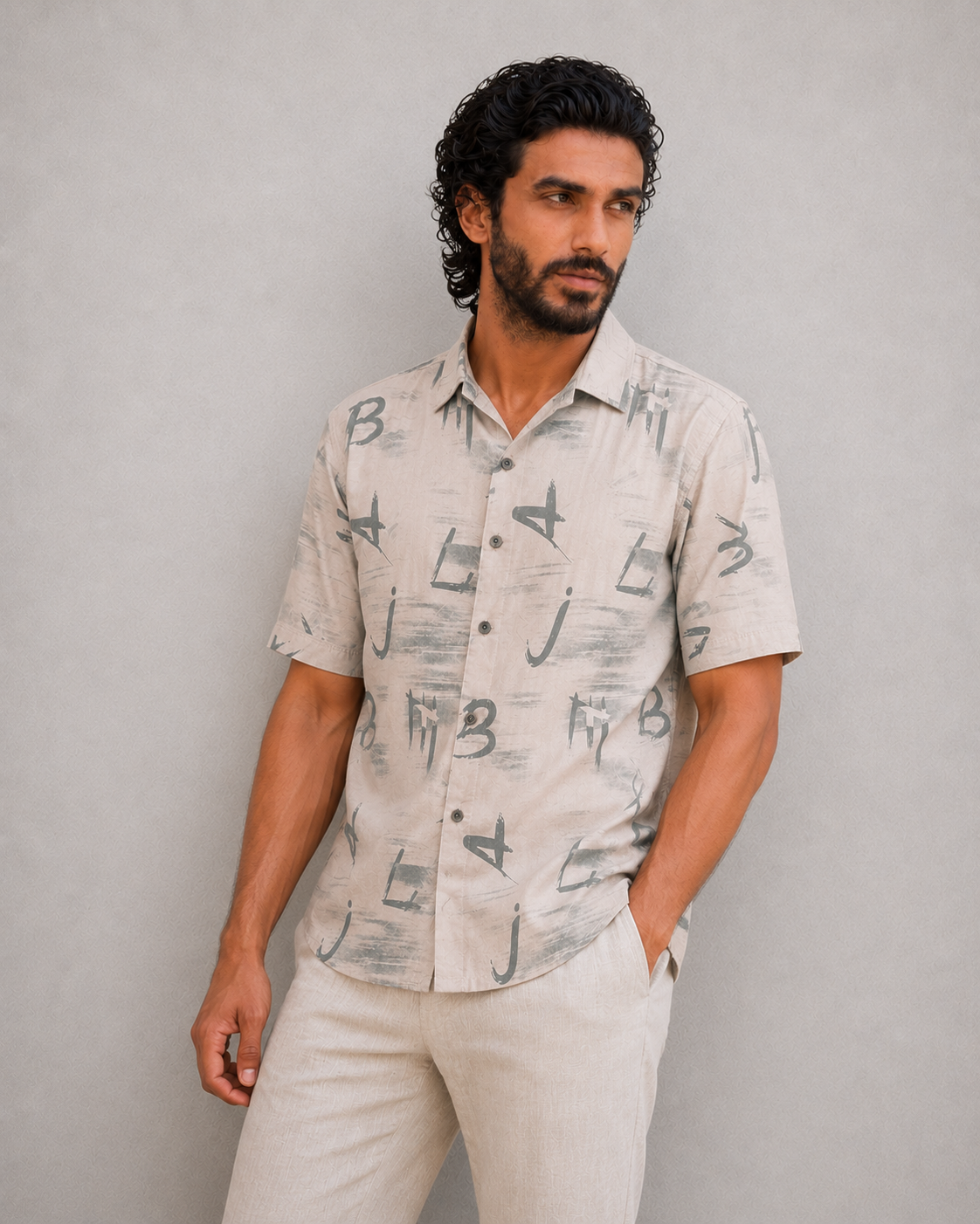 Men's Soft Peach Abstract Brush Print Cuban Collar Half Sleeve Casual Shirt