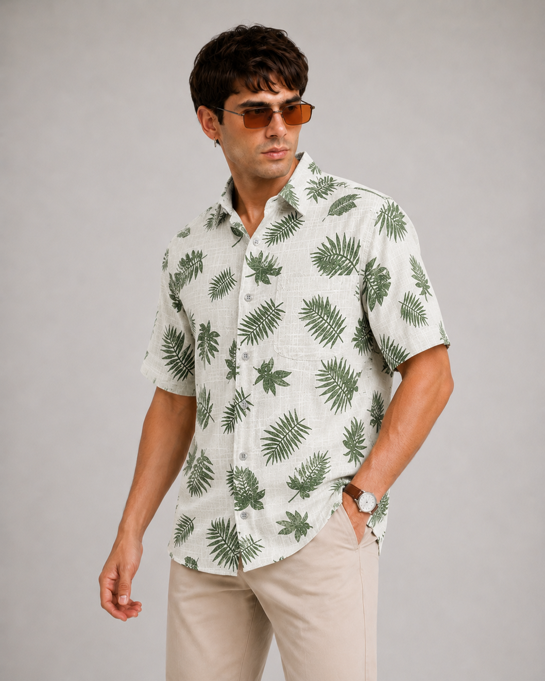 Men's Off-White Palm Leaf Print Casual Shirt