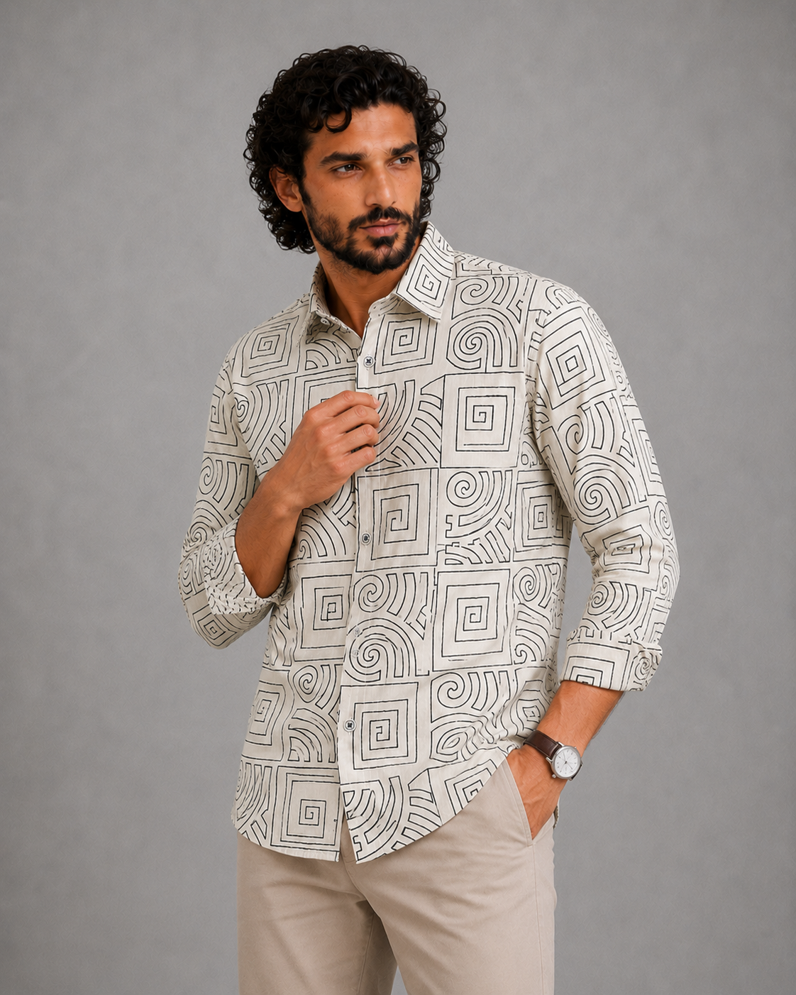 Men's Off-White Geometric Print Full Sleeve Shirt