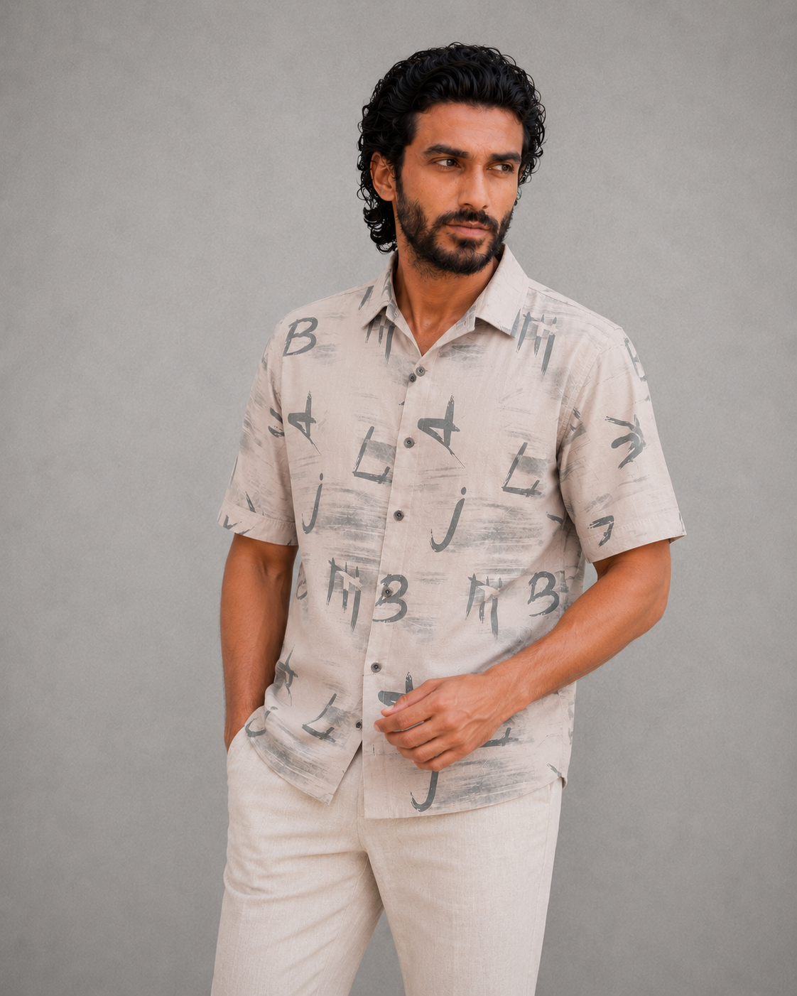 Men's Soft Peach Abstract Brush Print Cuban Collar Half Sleeve Casual Shirt