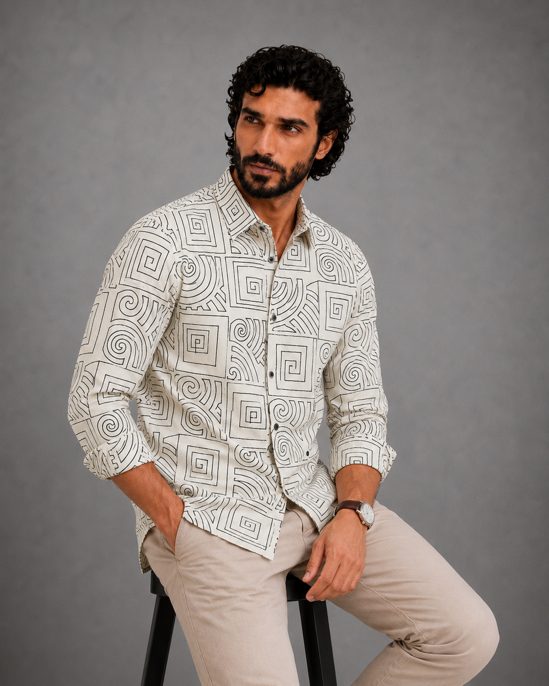 Men's Off-White Geometric Print Full Sleeve Shirt