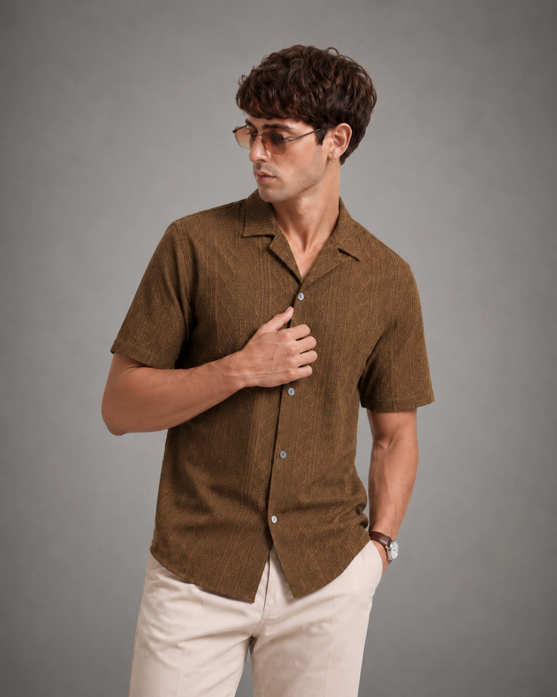 Men's Brown Textured Casual Shirt