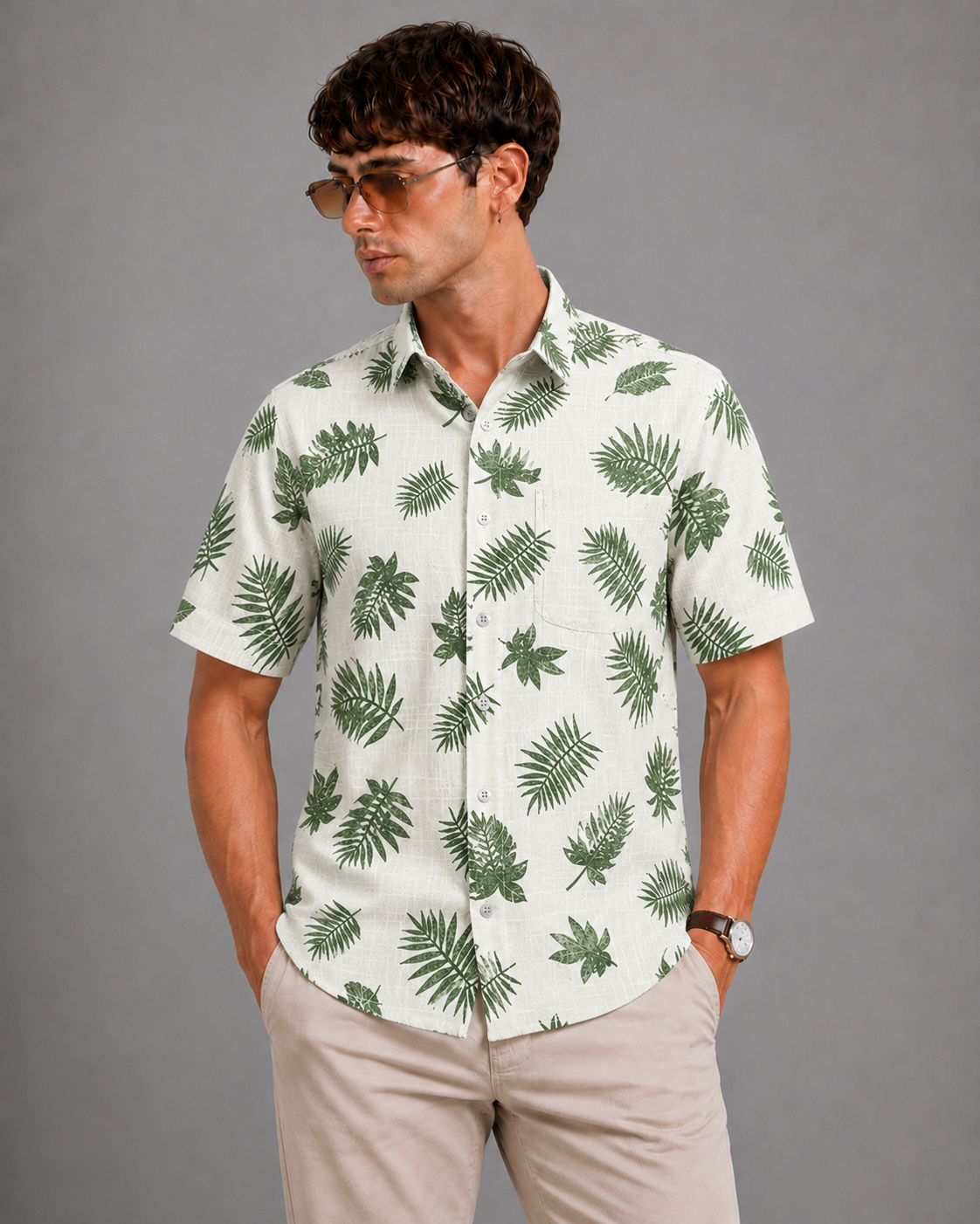 Men's Off-White Palm Leaf Print Casual Shirt