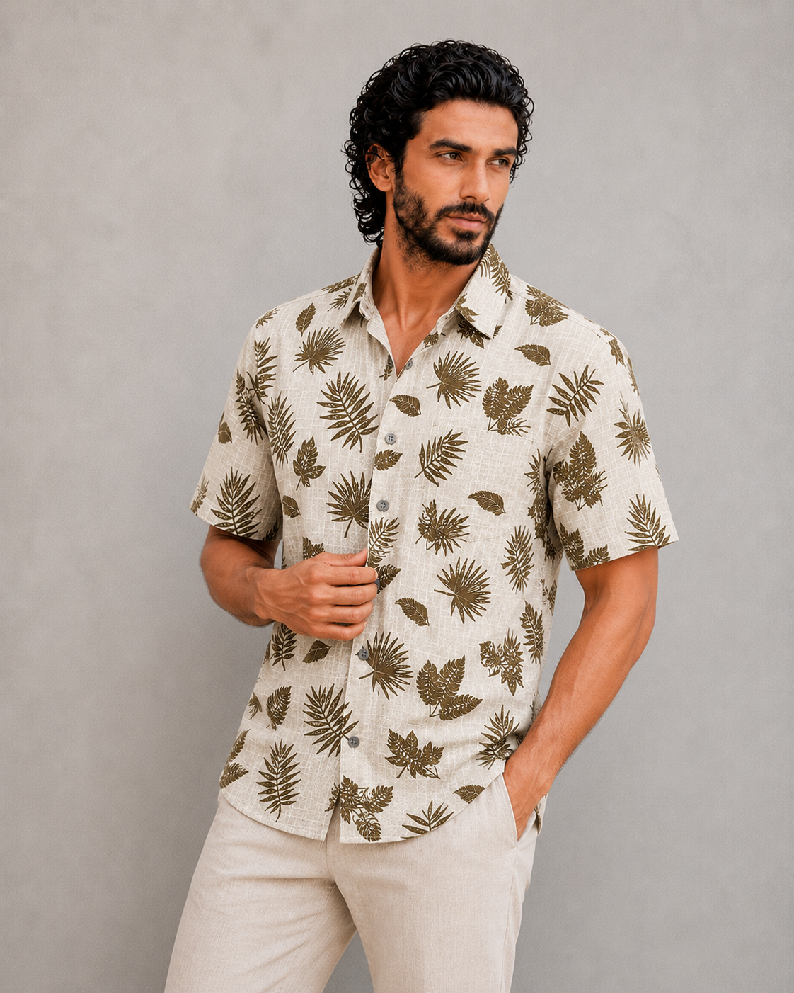 Men's Cream Botanical Leaf Print Casual Shirt