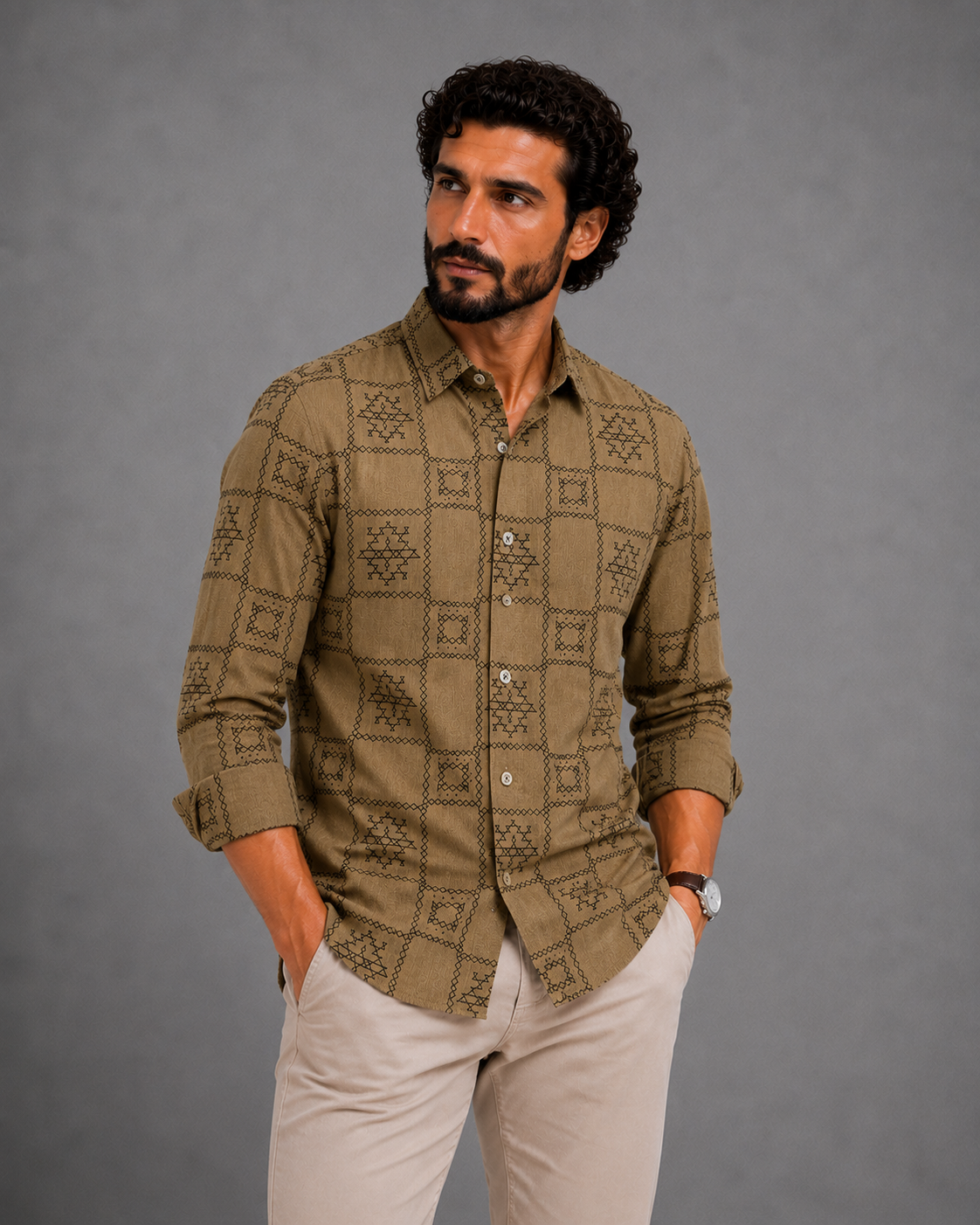 Men's Camel Geometric Pattern Casual Shirt