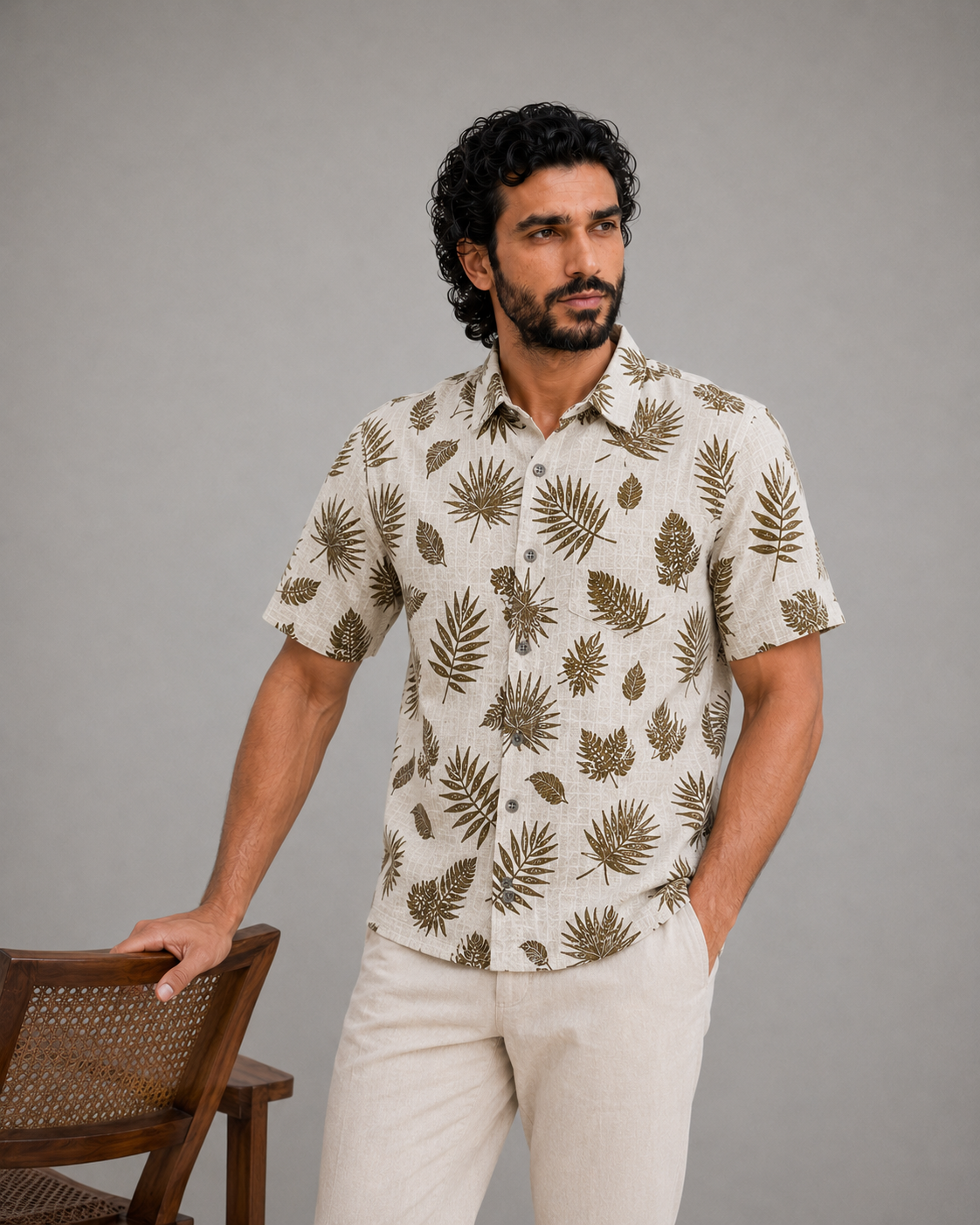 Men's Cream Botanical Leaf Print Casual Shirt