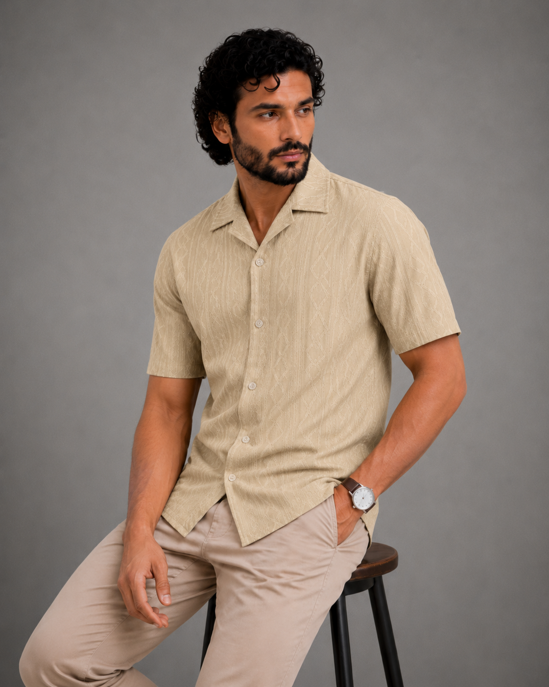 Men's Beige Textured Casual Shirt