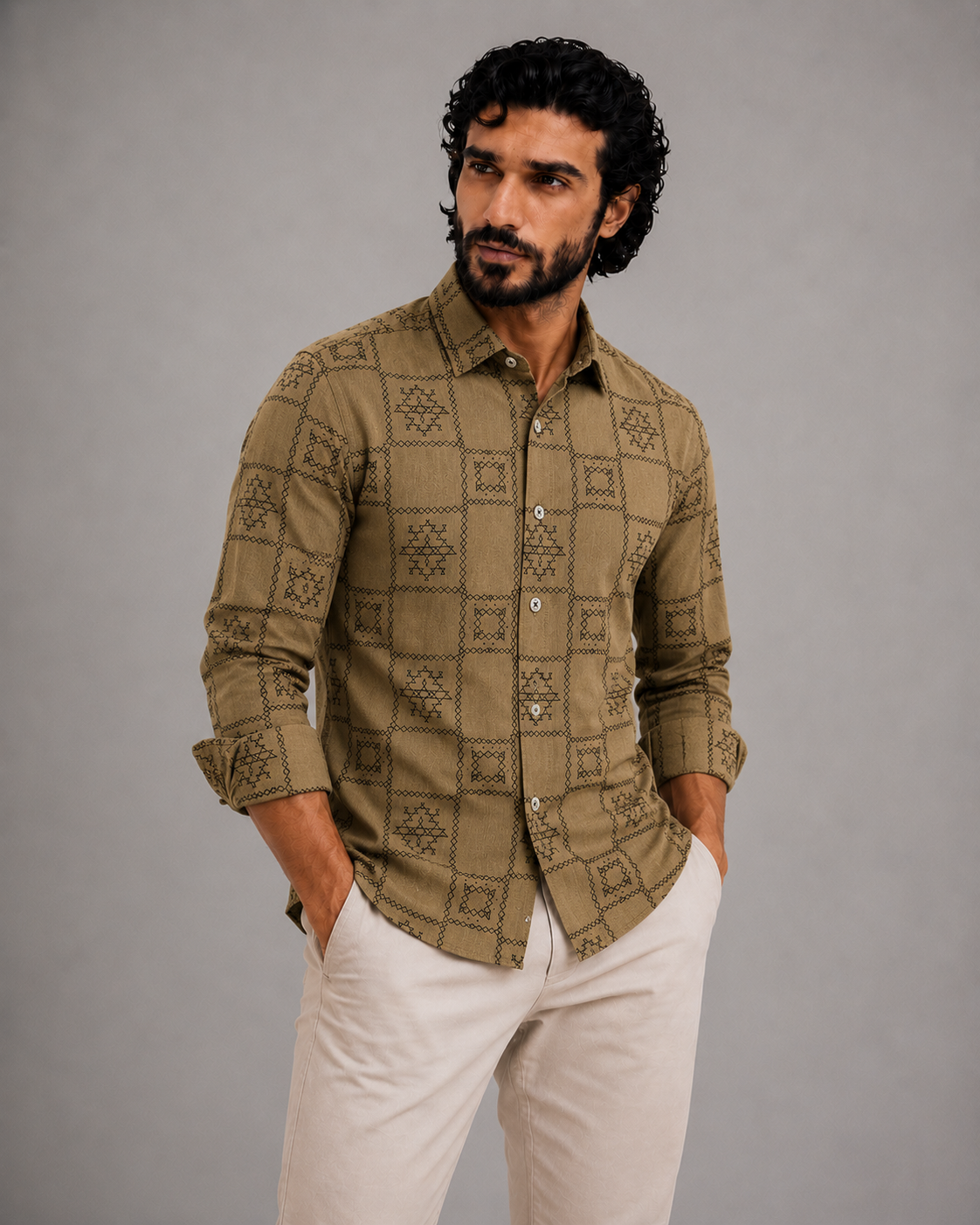 Men's Camel Geometric Pattern Casual Shirt