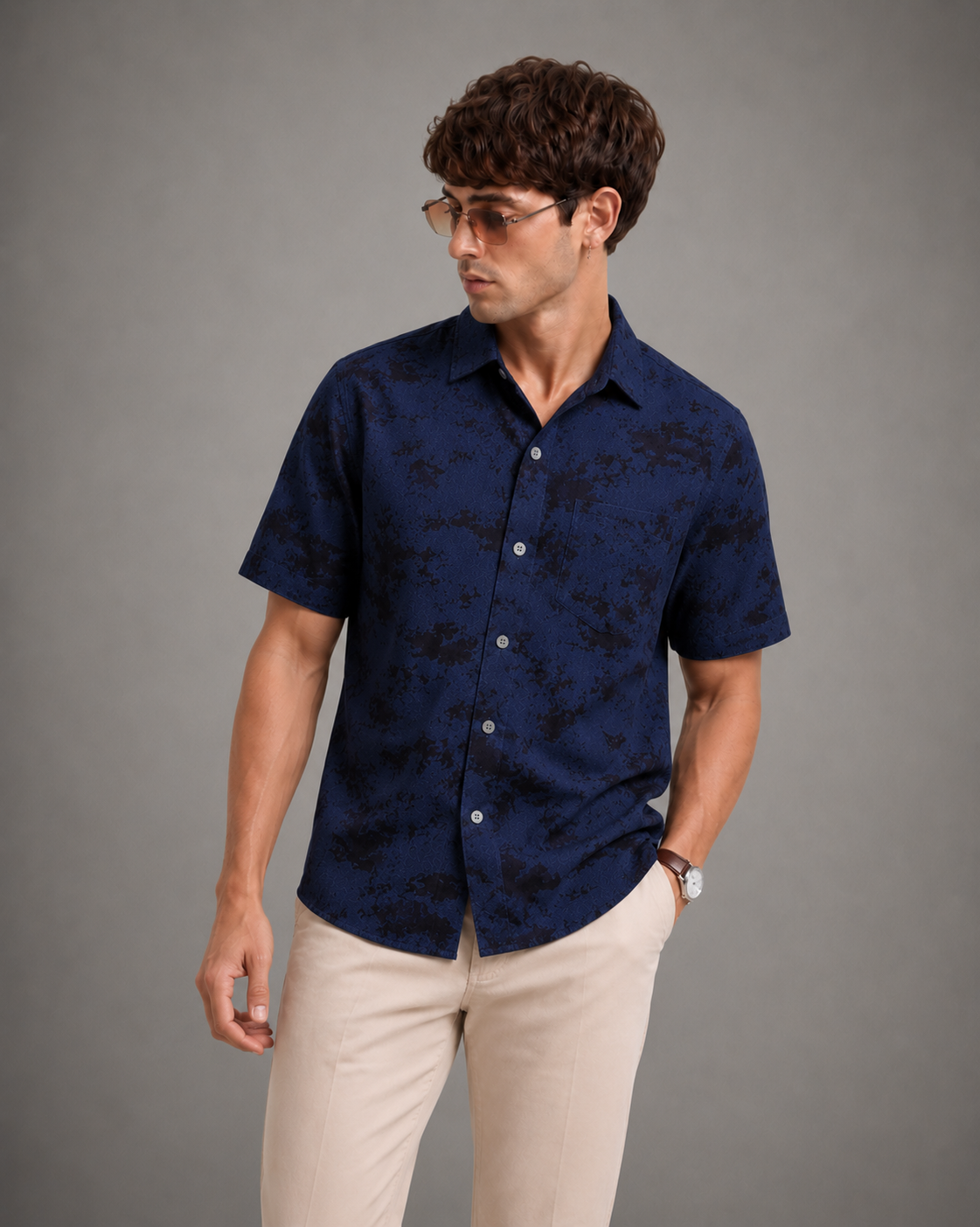 Men's Navy Blue Abstract Print Half Sleeve Shirt