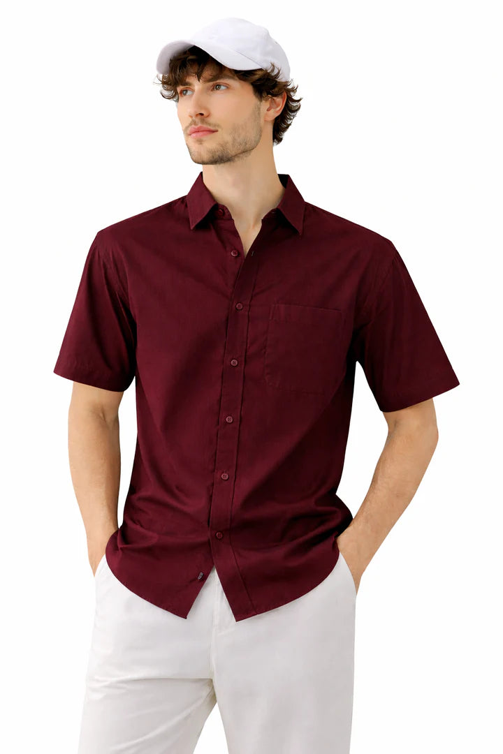 MENS MAROON LINEN HALF SHIRT