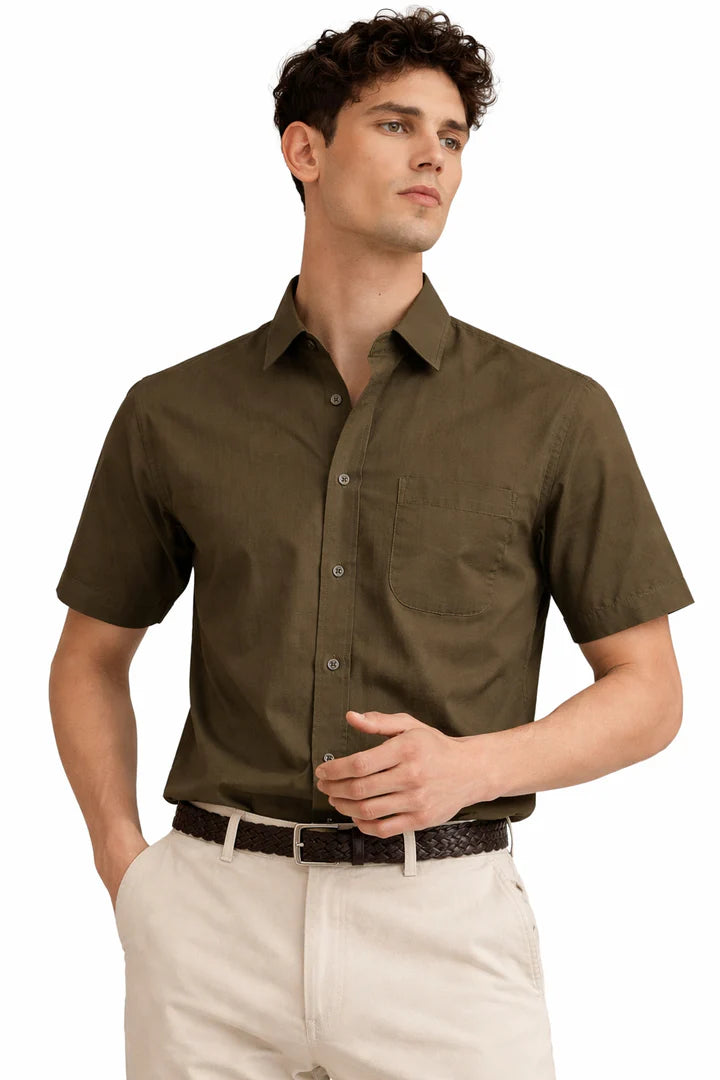 MENS OLIVE LINEN HALF SHIRT