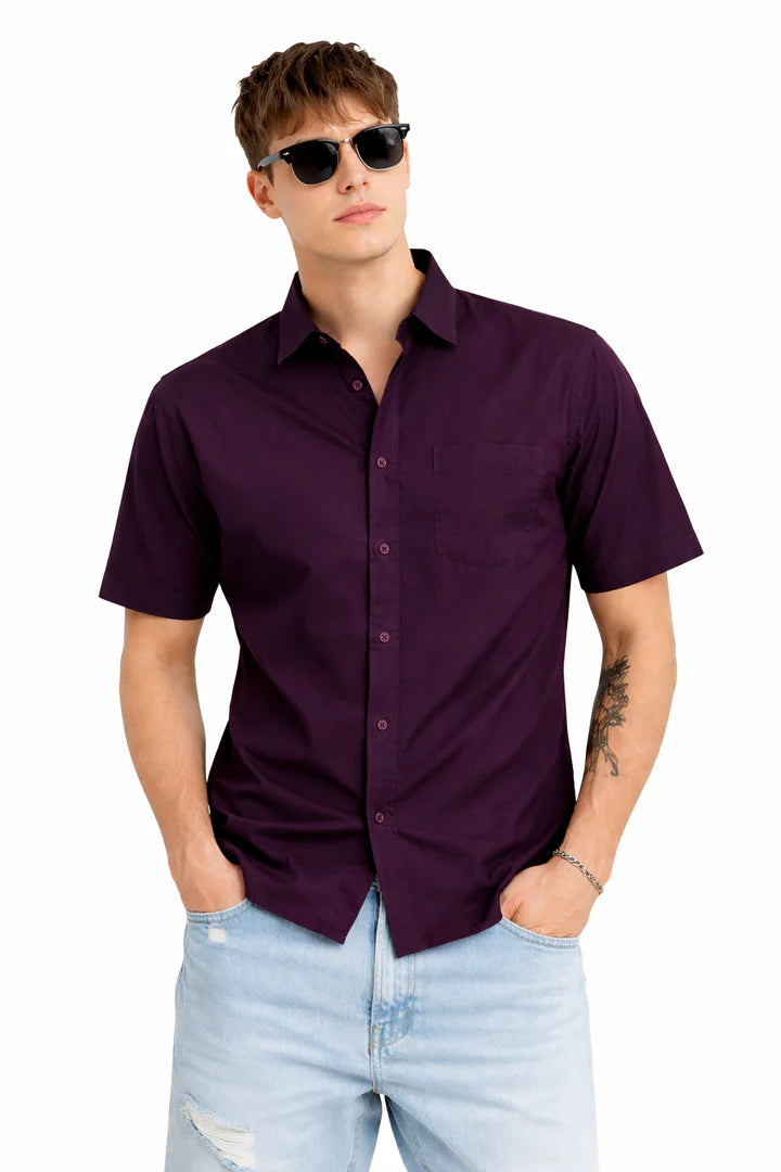 MENS WINE LINEN HALF SHIRT
