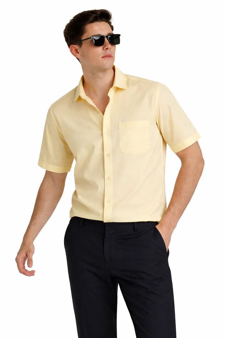 MENS YELLOW  LINEN HALF SHIRT